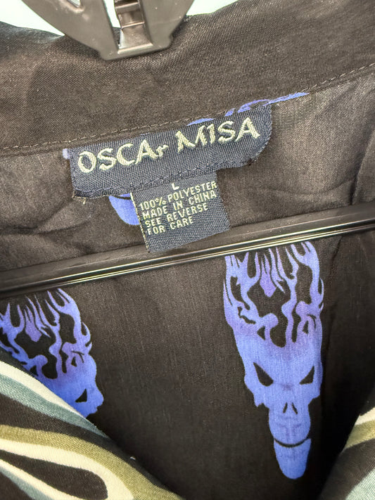 Camisa Vintage OSCAR MISA Años 90/2000 Estampado Calaveras en Llamas - Talla L